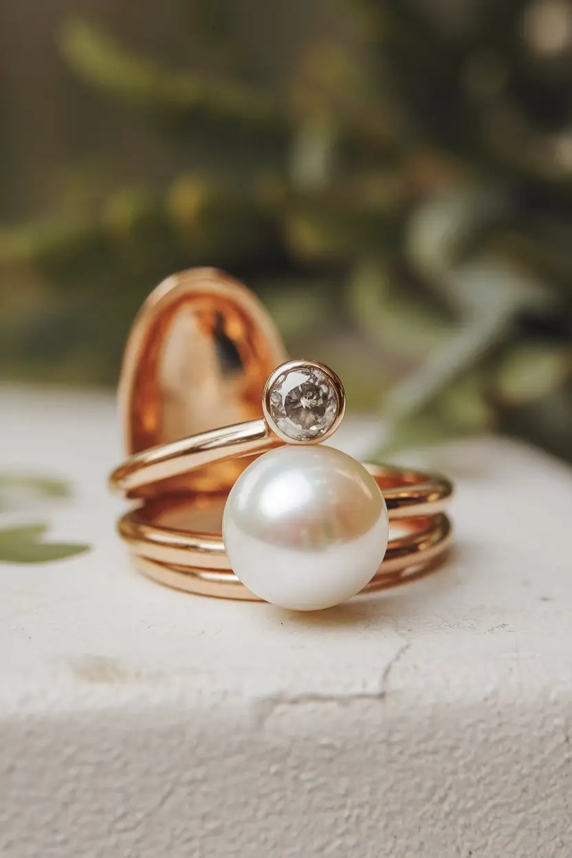 Open ring with pearl and diamond