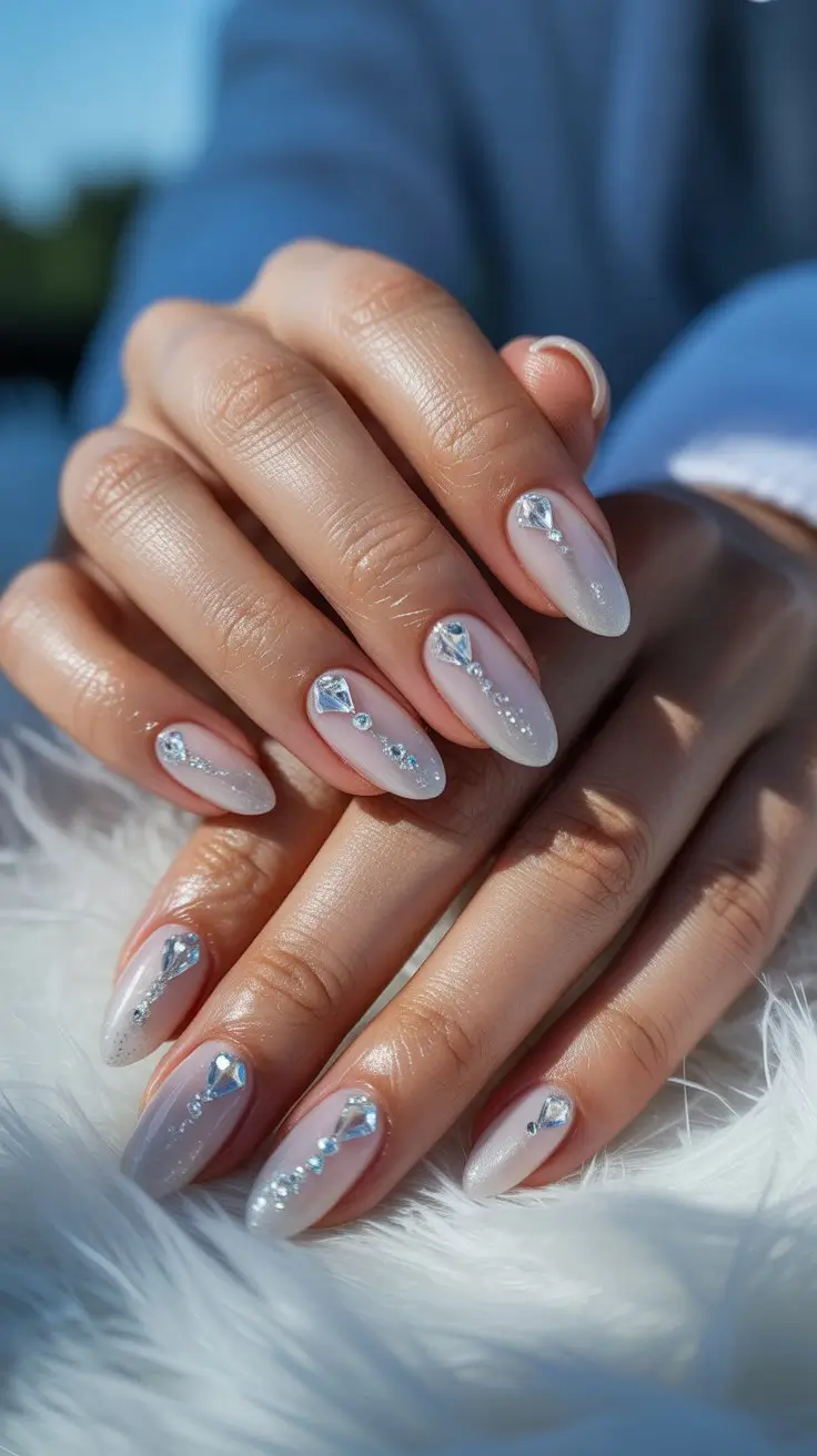 Clear rhinestones resembling ice crystals