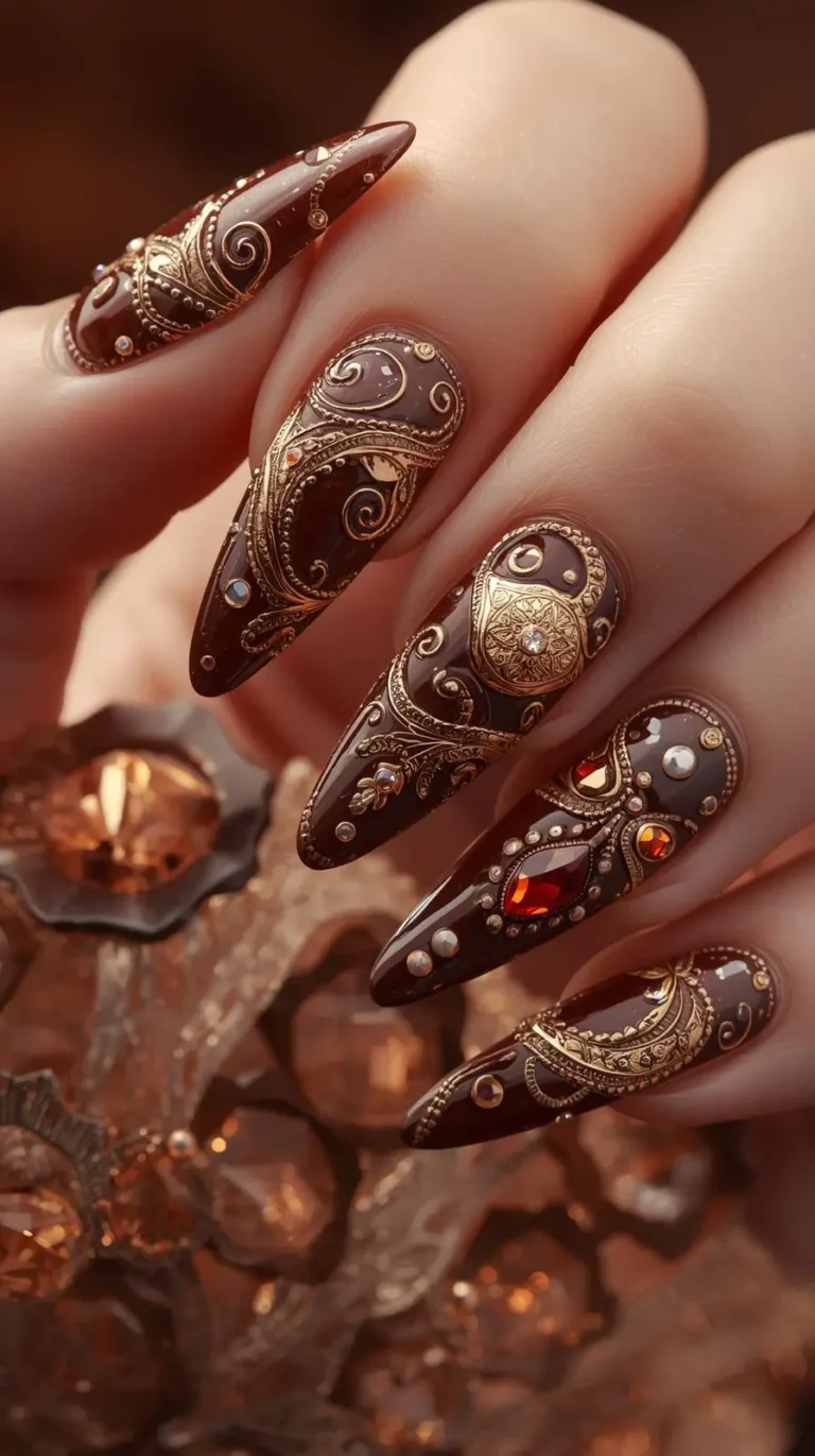 Goddess Brown Gold 3D Gel Nails Nail Designs With 3d Art