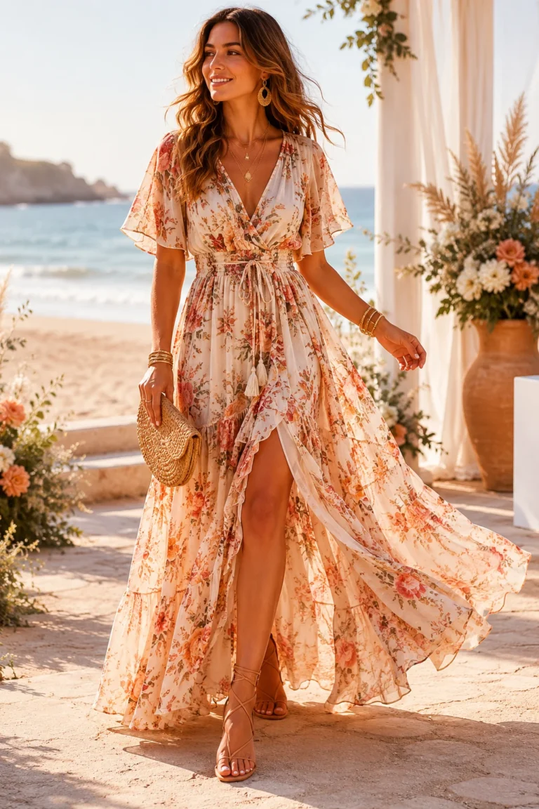 Outfit 1 — beach wedding attire for guest women boho style outfit, worn by a stylish woman