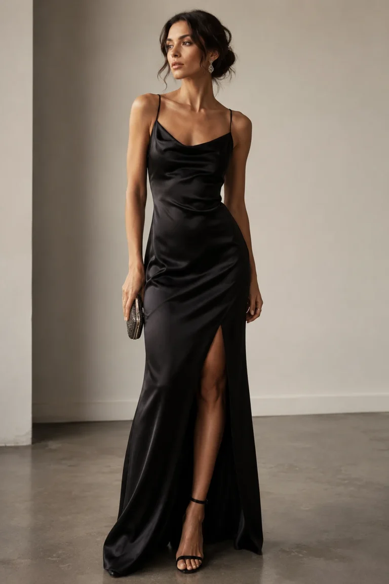 Outfit 1 — black tie gala dinner style outfit, worn by a stylish woman