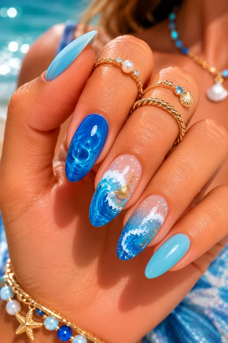 Ocean Wave Blue Summer Nails — blue summer nails style outfit, worn by a stylish woman