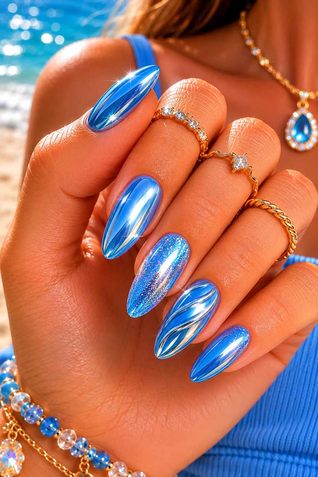 Blue Summer Nails with Chrome Shine — blue summer nails style outfit, worn by a stylish woman