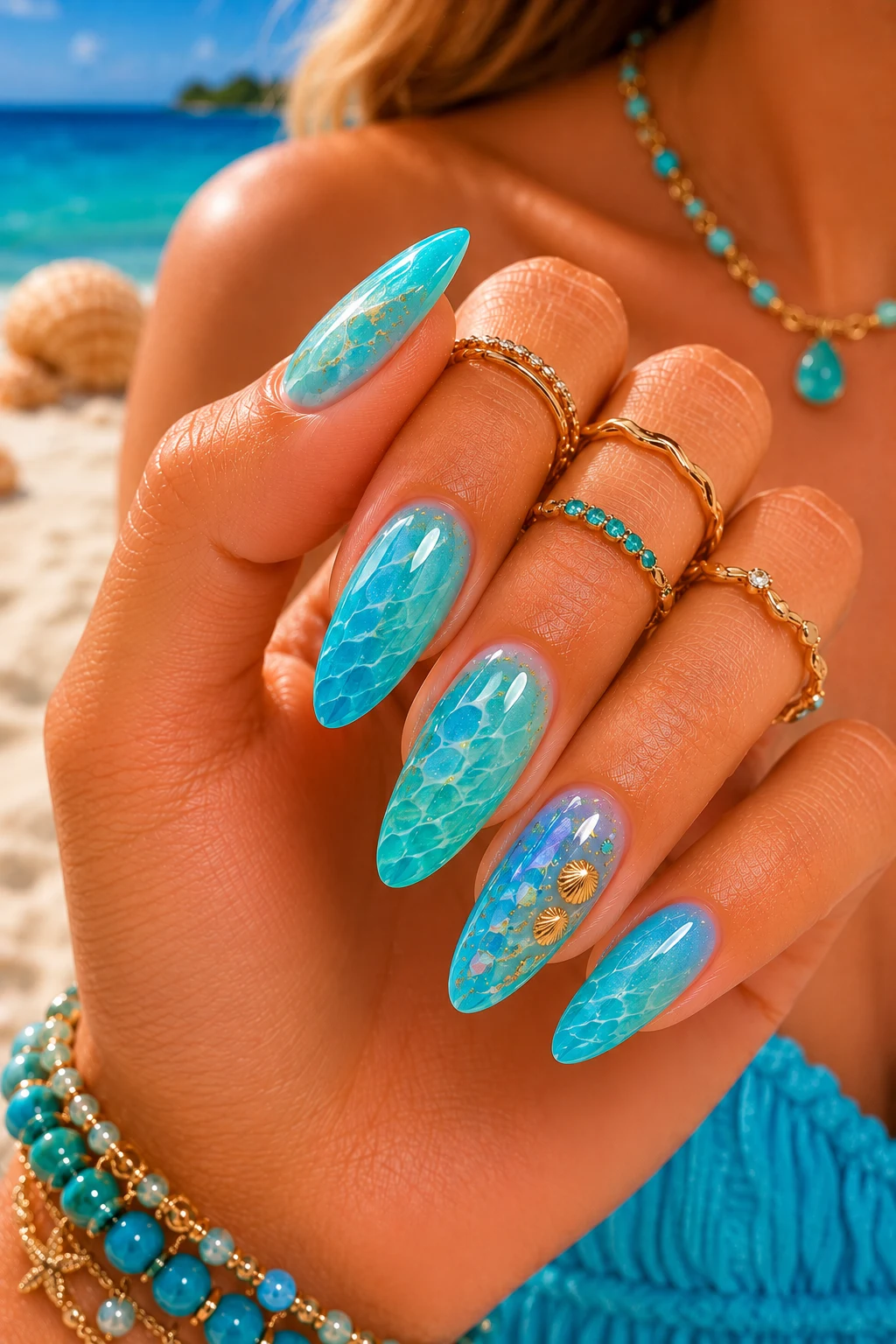 Blue Summer Nails Inspired by Tropical Lagoons — blue summer nails style outfit, worn by a stylish woman