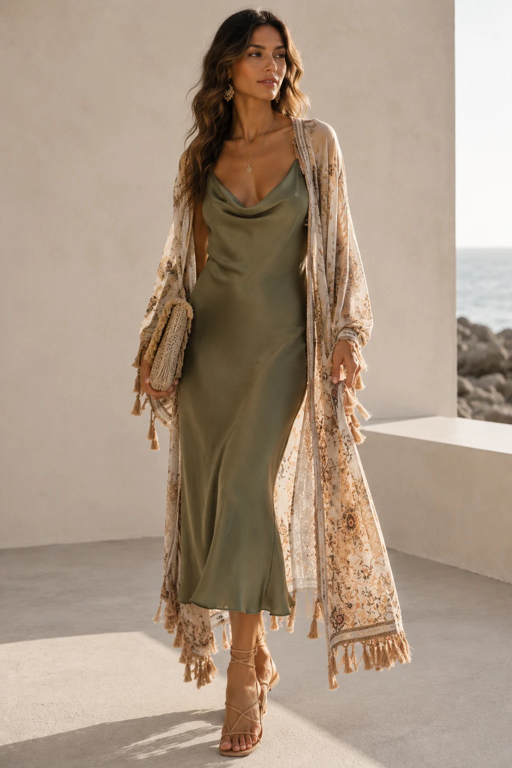 Outfit 3 — boho beach wedding guest attire style outfit, worn by a stylish woman