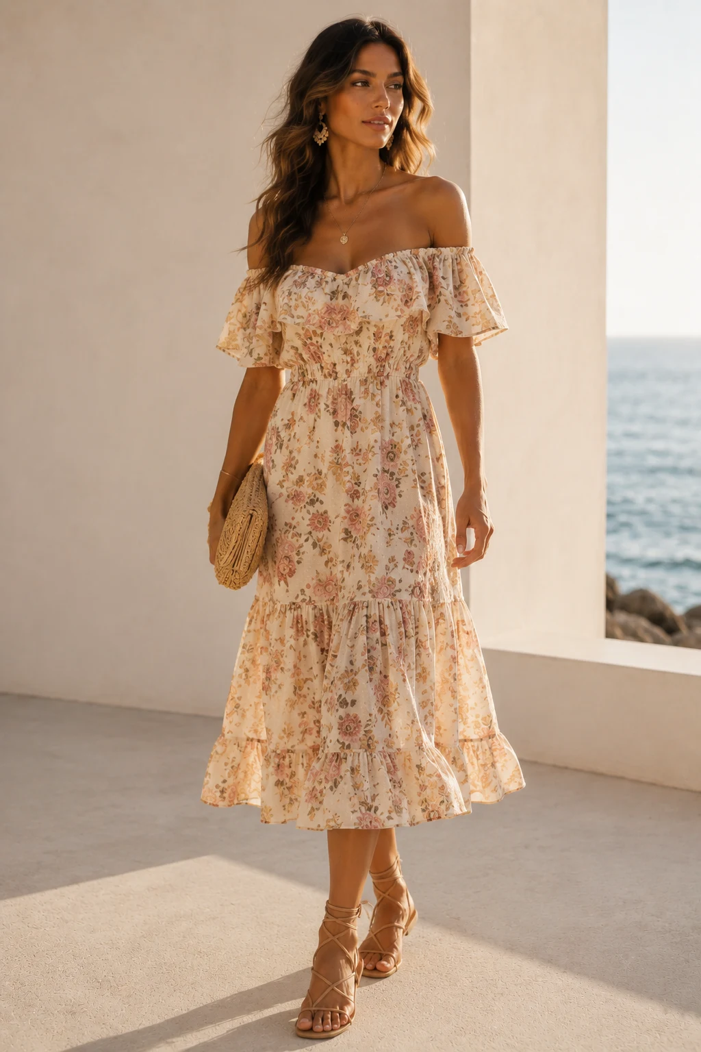 Outfit 4 — boho beach wedding guest attire style outfit, worn by a stylish woman
