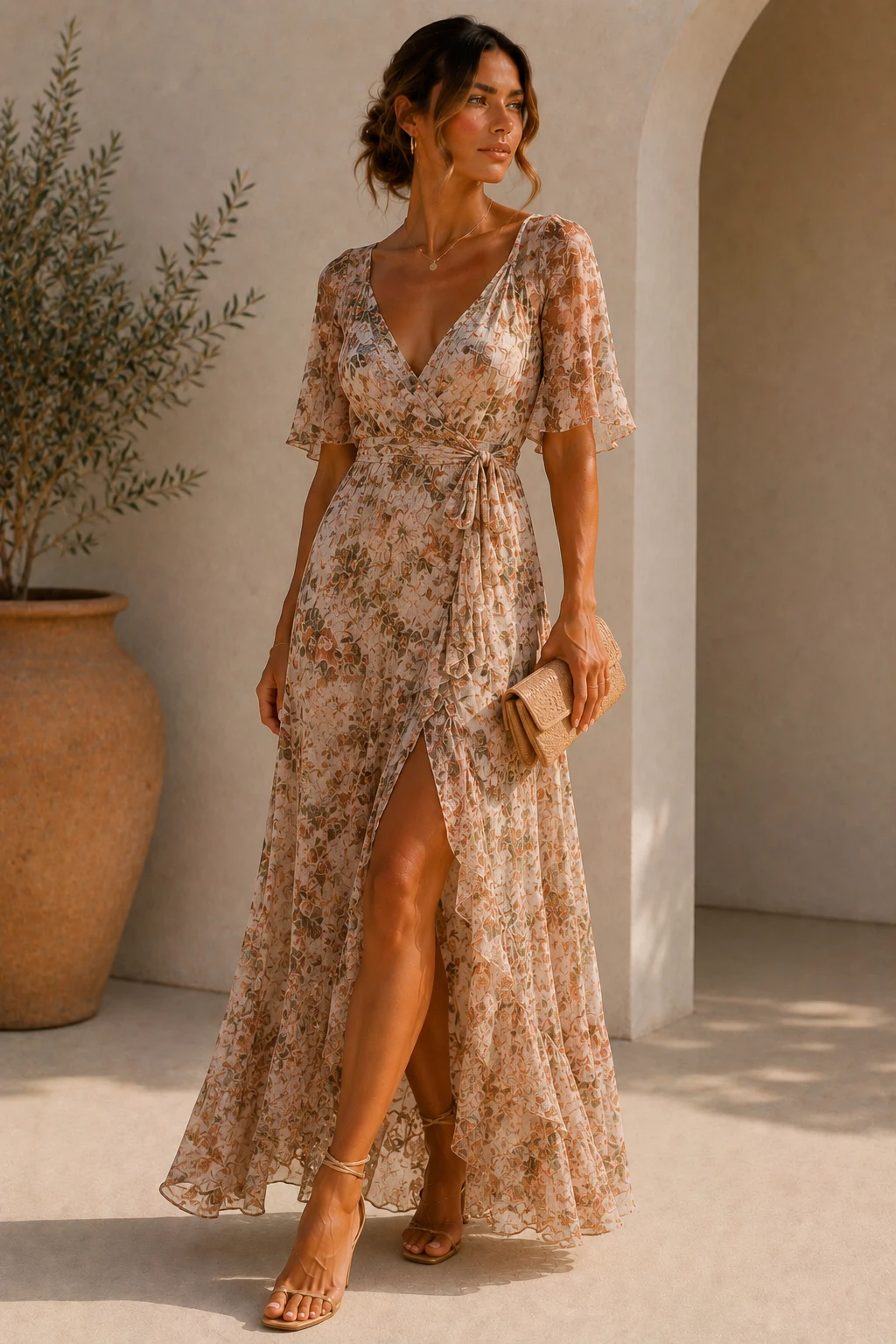 Outfit 5 — boho beach wedding guest dress style outfit, worn by a stylish woman