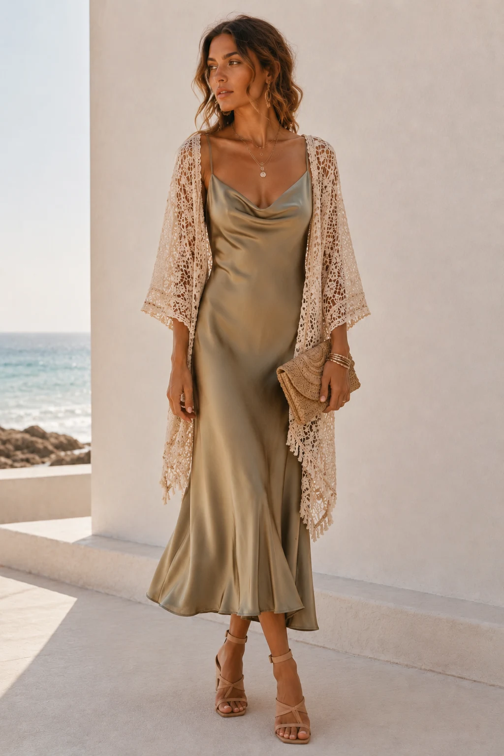 Outfit 6 — boho chic dress wedding guest beach style outfit, worn by a stylish woman