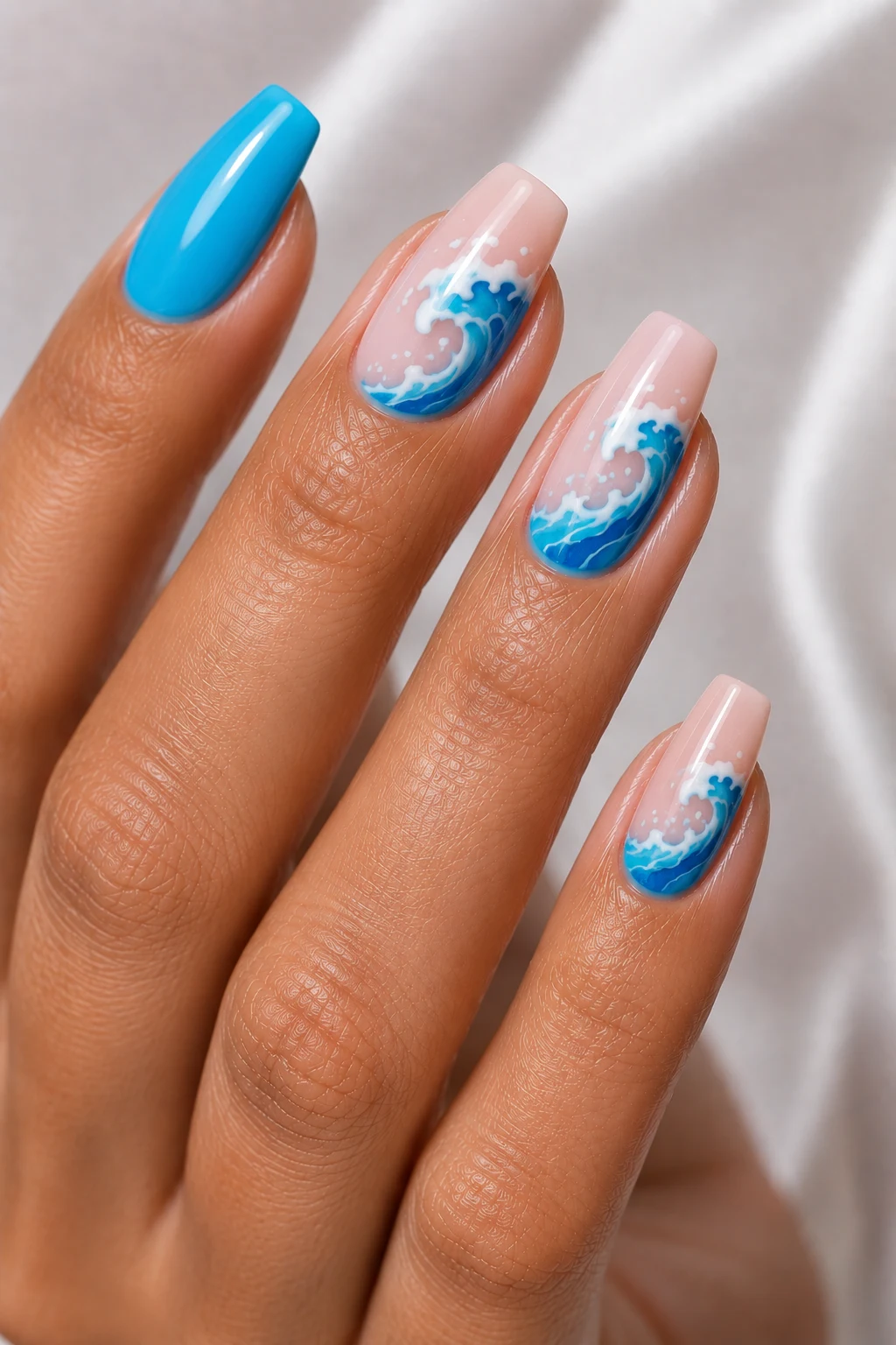 Electric Ocean Waves — Cool Summer Nails style outfit, worn by a stylish woman