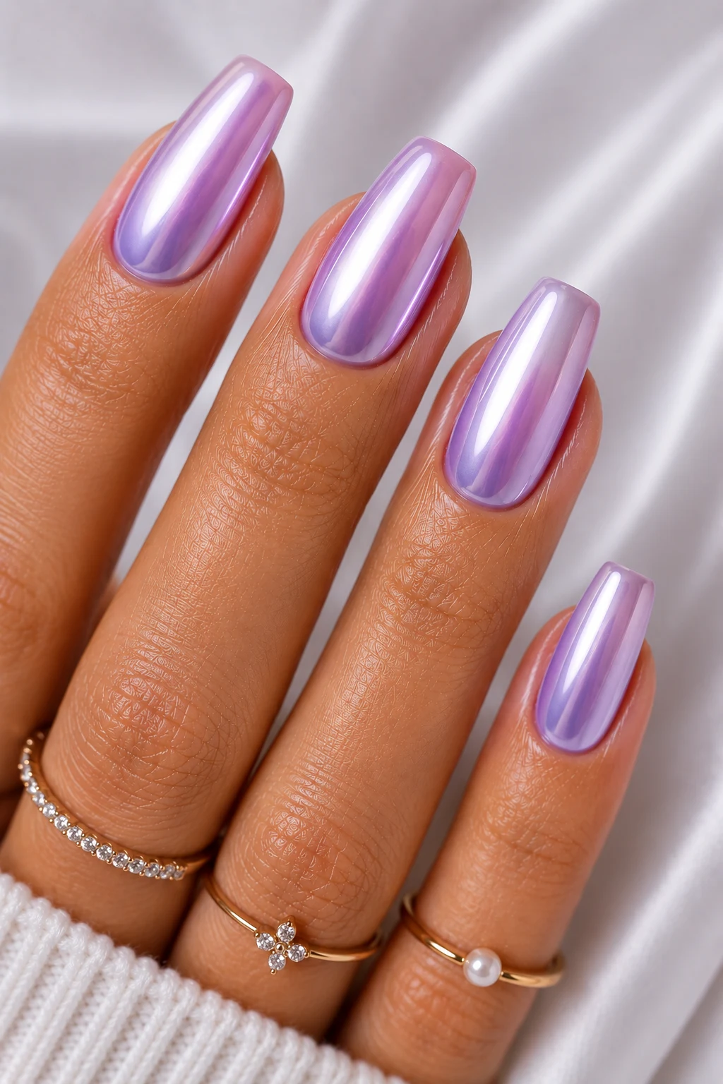 Chrome Lavender Glow — Cool Summer Nails style outfit, worn by a stylish woman
