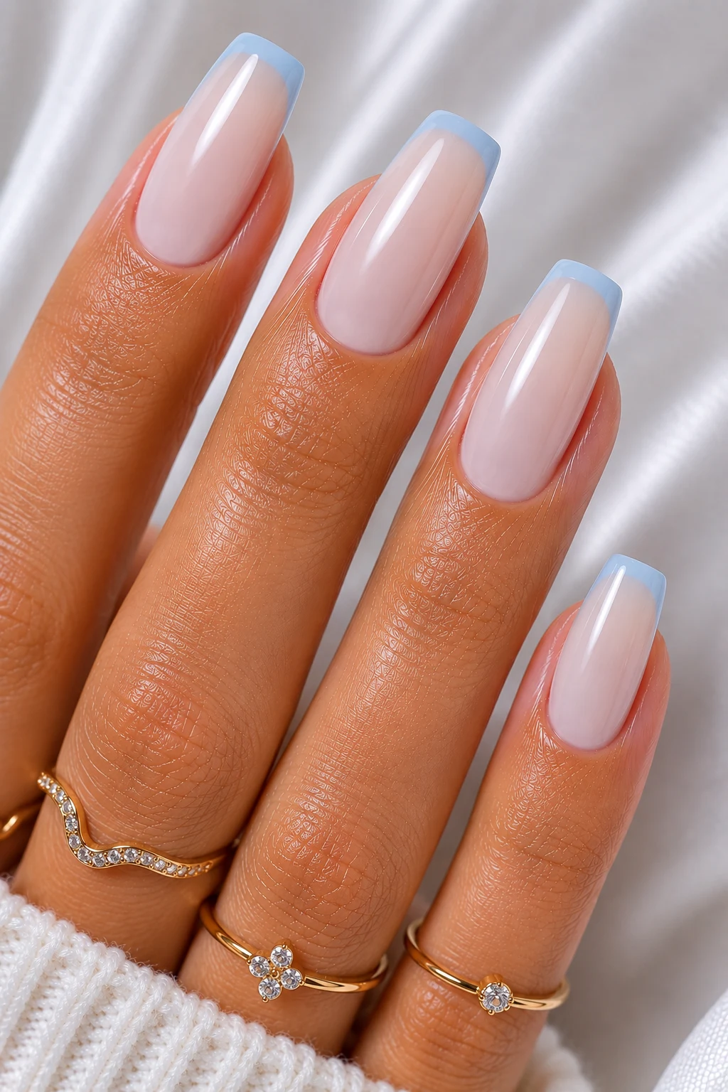 Cool Summer Nails in Milky Blue French Tips — Cool Summer Nails style outfit, worn by a stylish woman