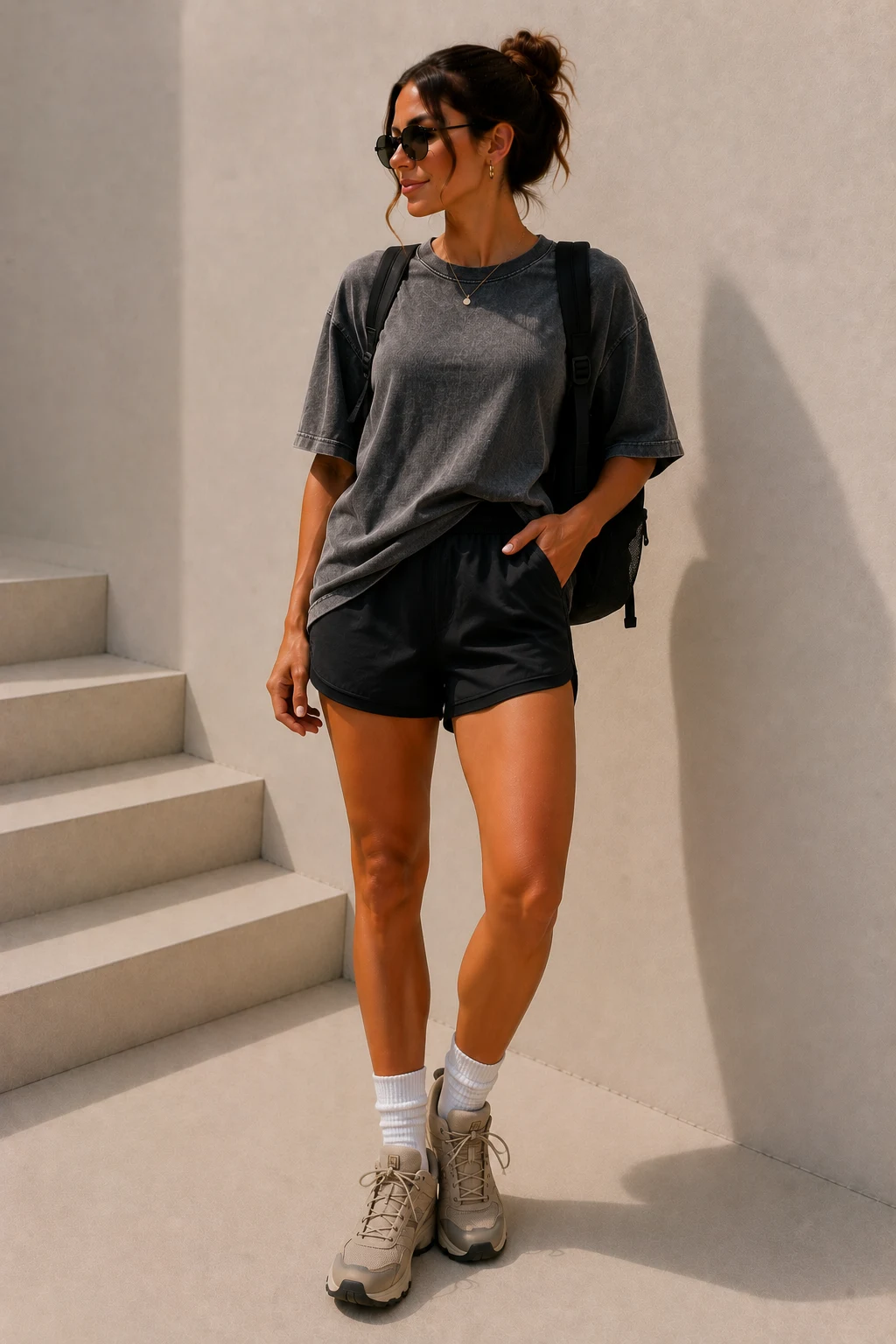cute hiking outfit summer — The Oversized Graphic Tee and Running Shorts Combo — cute hiking outfit summer style outfit, worn by a stylish woman