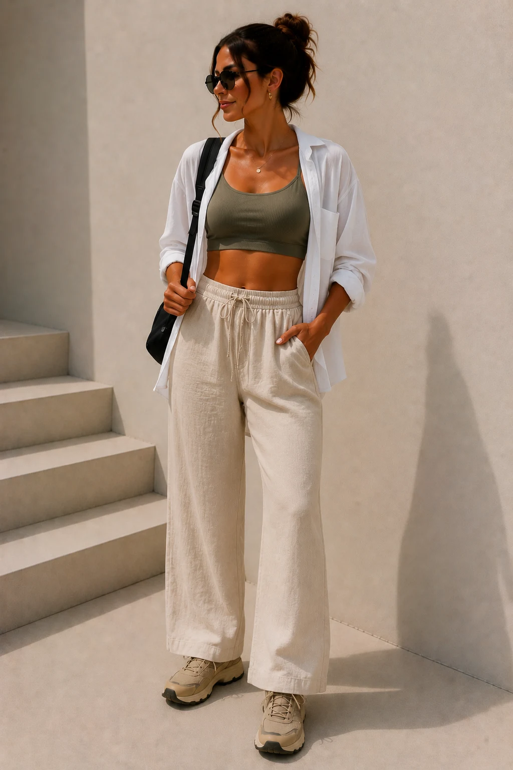 cute hiking outfit summer — The Cute Hiking Outfit Summer Look With Linen Pants and a Sports Bra — cute hiking outfit summer style outfit, worn by a stylish woman