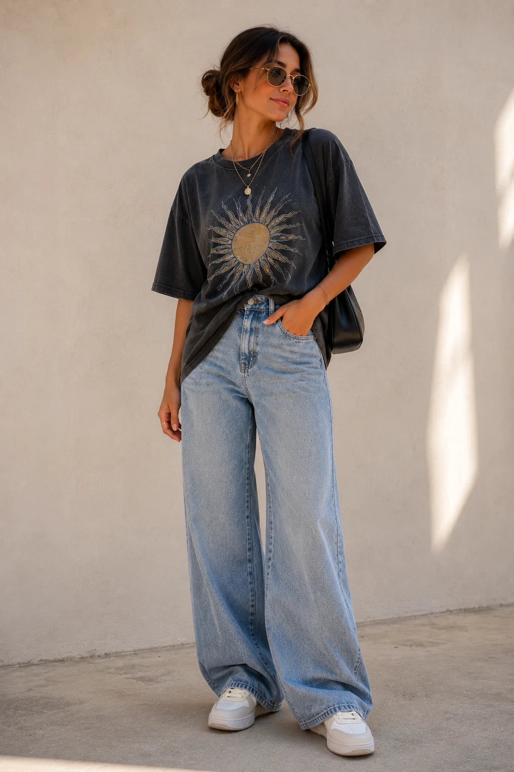 cute jeans outfit summer — The Oversized Graphic Tee and Baggy Jeans Formula — cute jeans outfit summer style outfit, worn by a stylish woman
