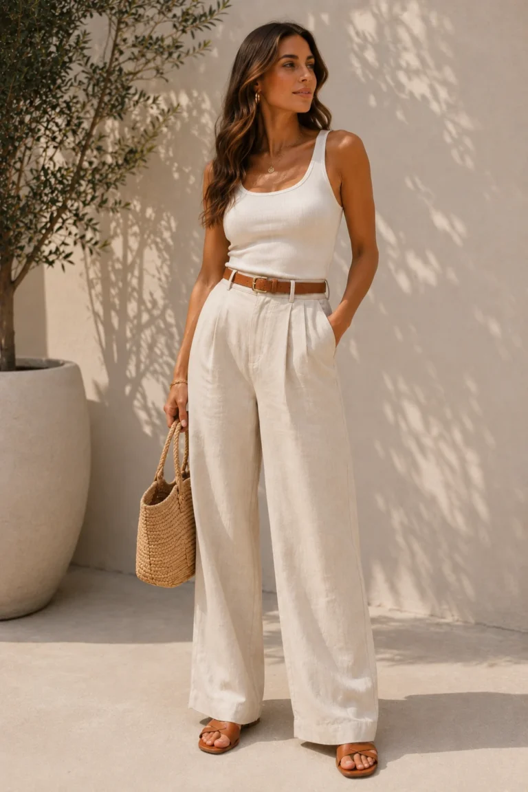 The Linen Trousers and Tank Combo That Looks Expensive — garden party outfits for women pants style outfit, worn by a stylish woman