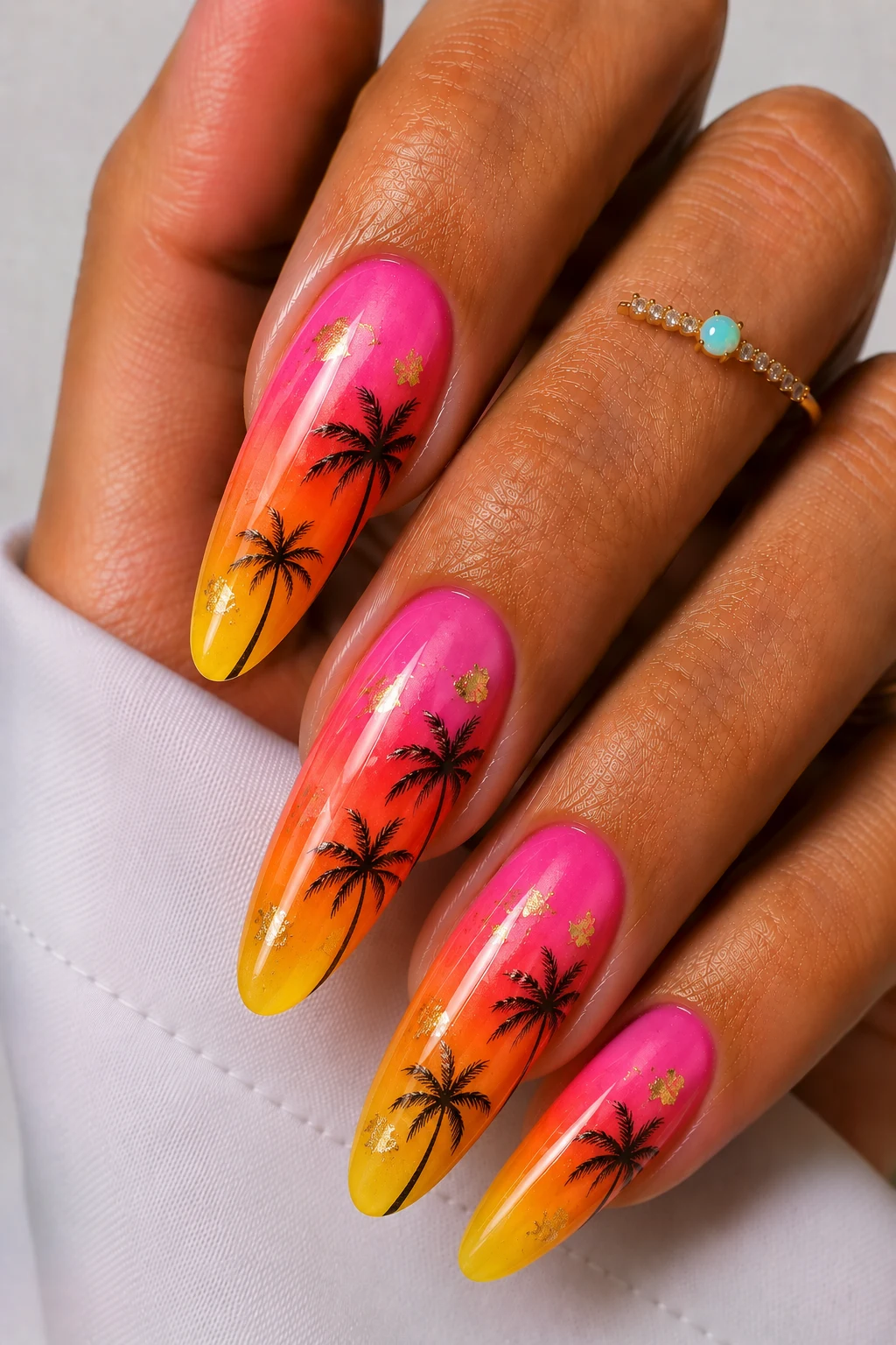 Tropical Sunset Ombre — holiday nail ideas summer style outfit, worn by a stylish woman