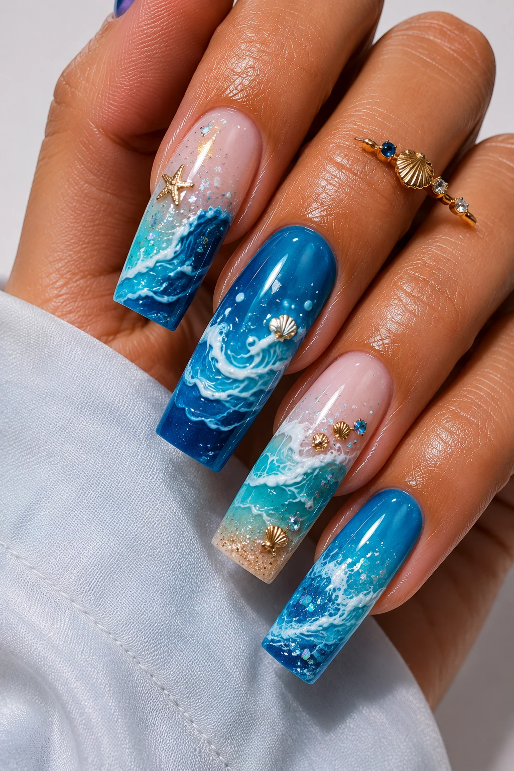 Ocean Wave Blue Beauty — holiday nail ideas summer style outfit, worn by a stylish woman