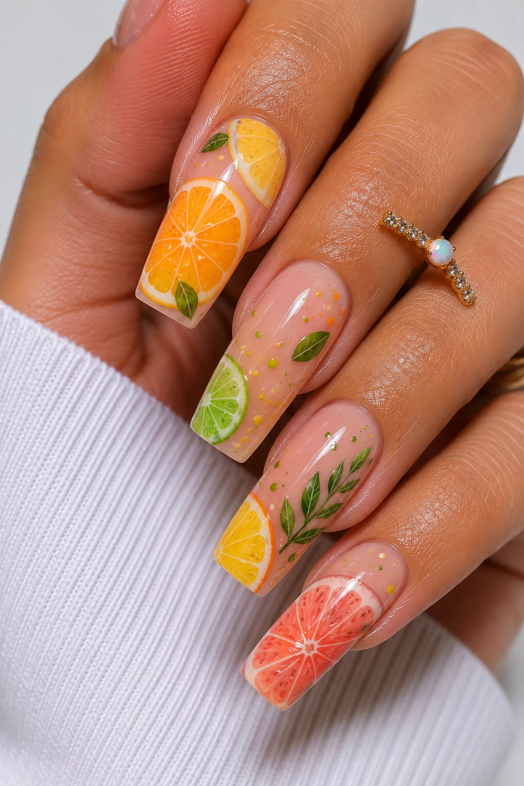 Nail Summer Ideas With Citrus Art — holiday nail ideas summer style outfit, worn by a stylish woman