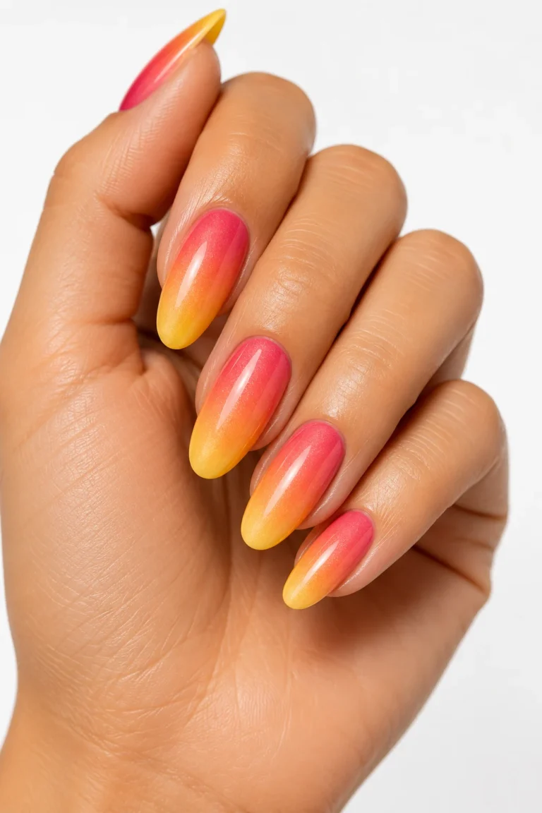 Holiday nails summer Tropical Sunset Ombre — holiday nails summer style outfit, worn by a stylish woman