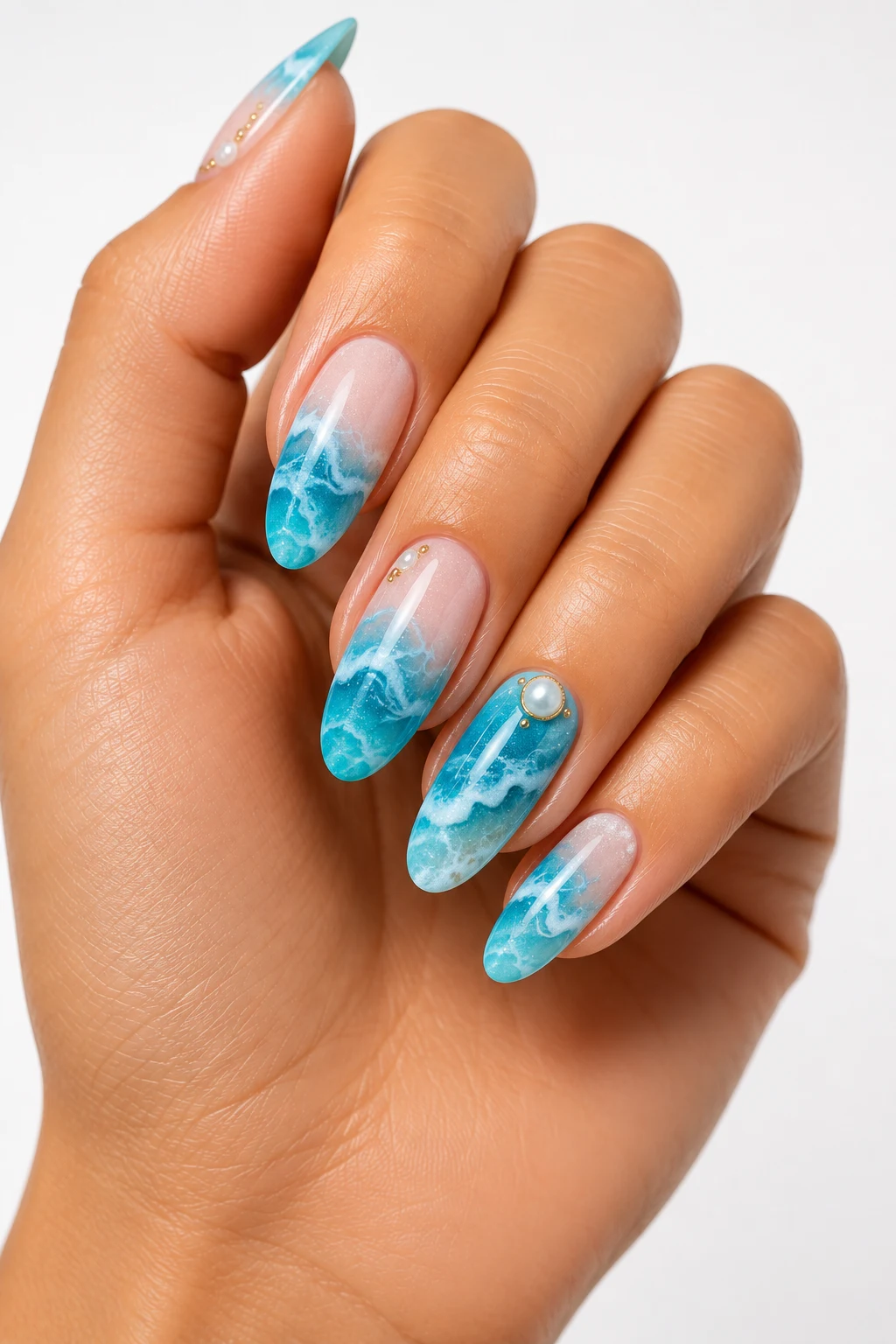 Ocean Wave Holiday Nails Summer Design — holiday nails summer style outfit, worn by a stylish woman