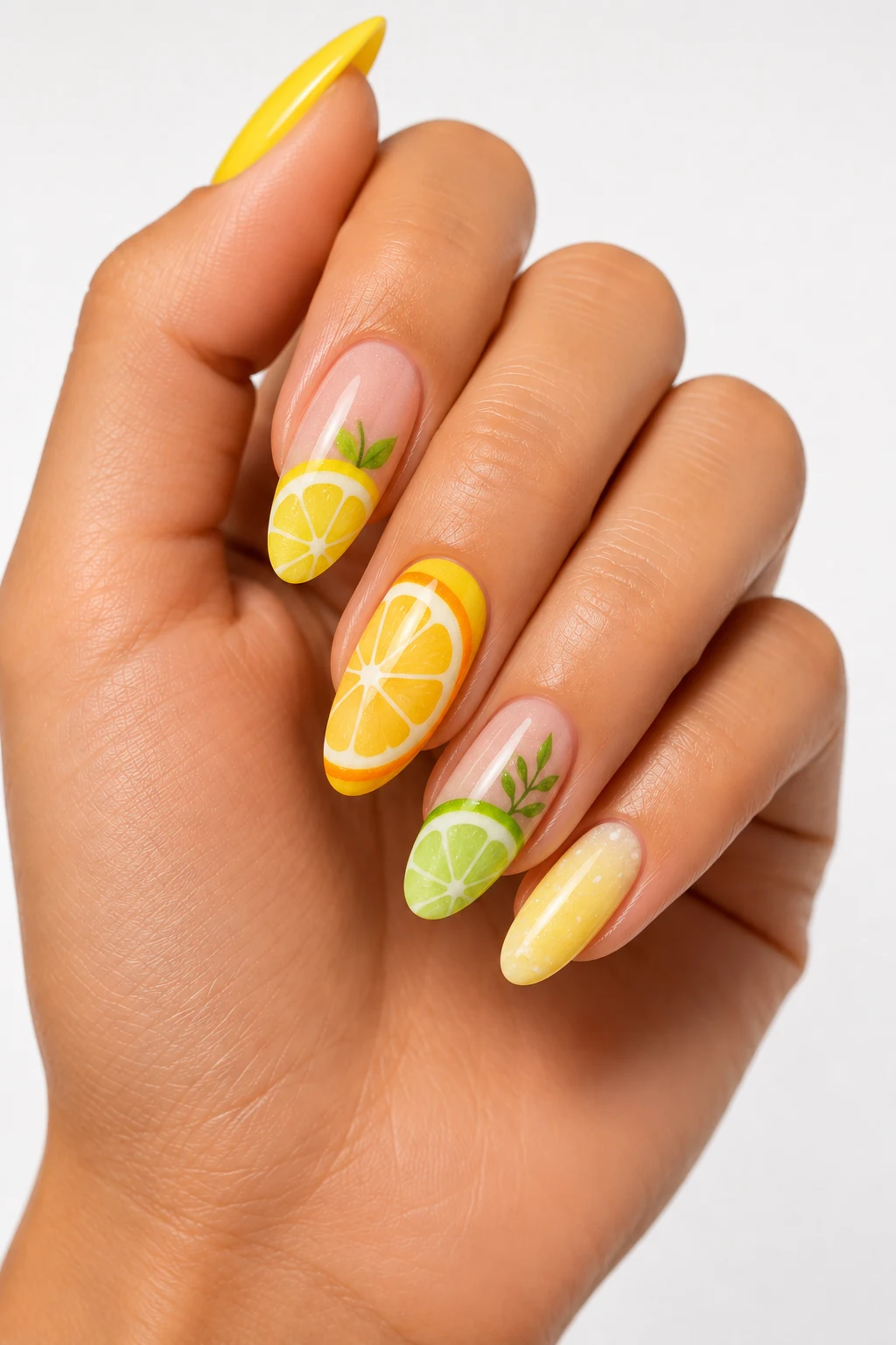 Citrus Splash Holiday Nails Summer Look — holiday nails summer style outfit, worn by a stylish woman