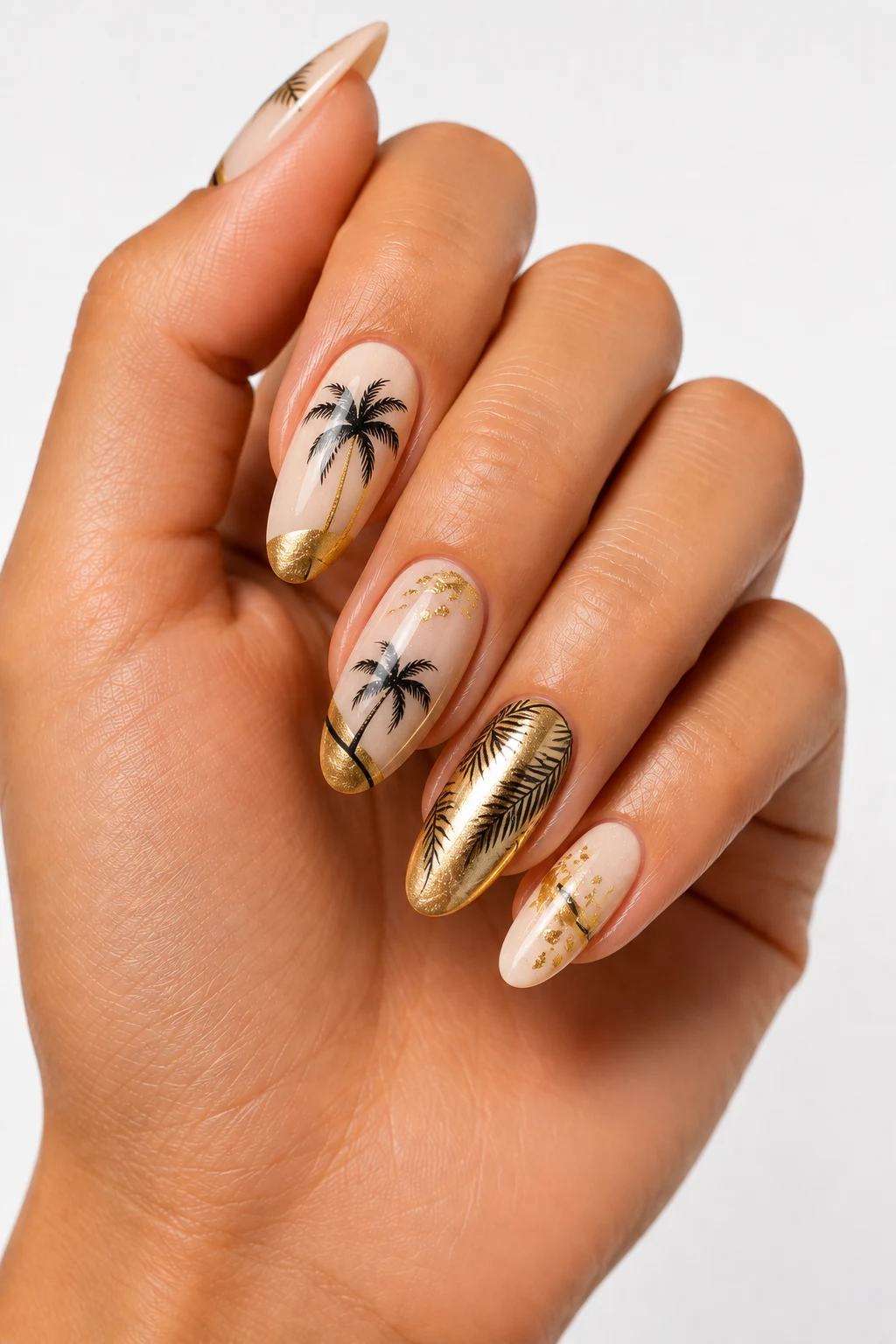 Gold Palm Paradise — holiday nails summer style outfit, worn by a stylish woman