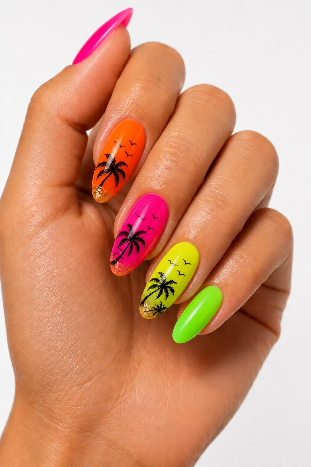 Neon Beach Party Nails — holiday nails summer style outfit, worn by a stylish woman