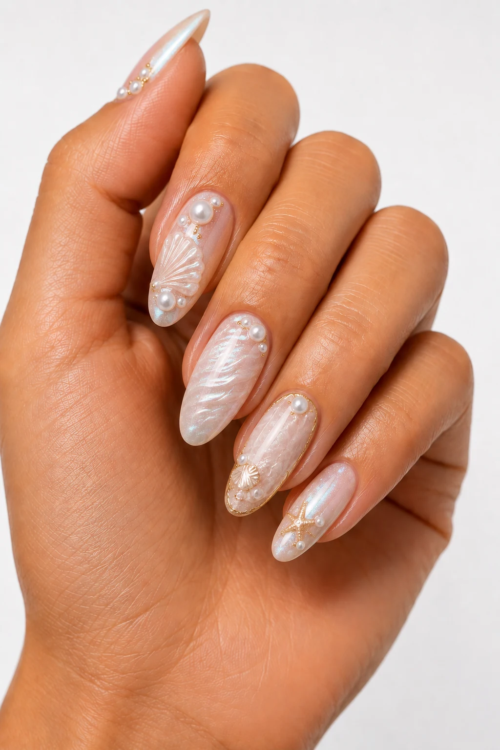 Seashell Pearl Holiday Nails Summer Glam — holiday nails summer style outfit, worn by a stylish woman