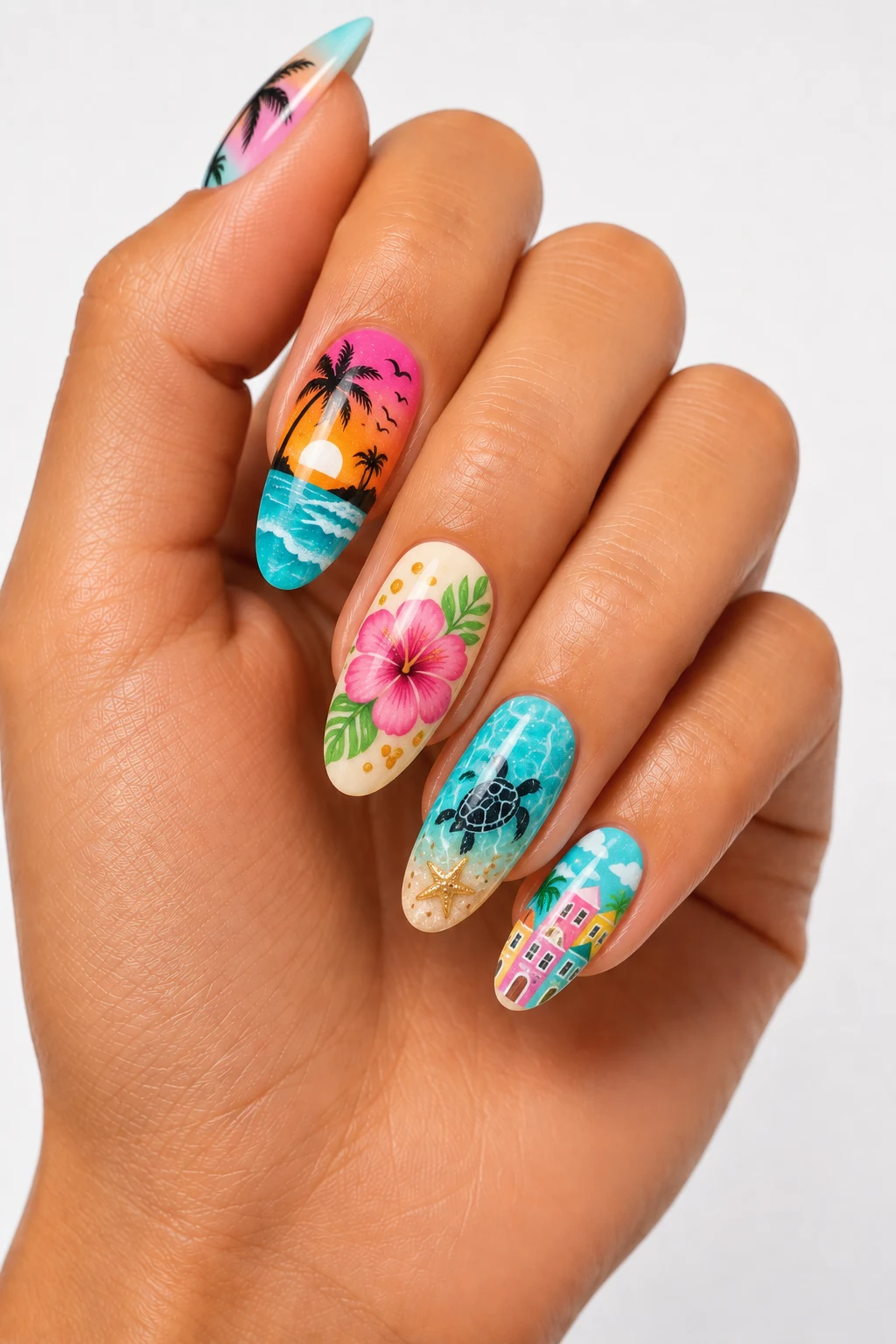 Colorful Vacation Postcard Nails — holiday nails summer style outfit, worn by a stylish woman