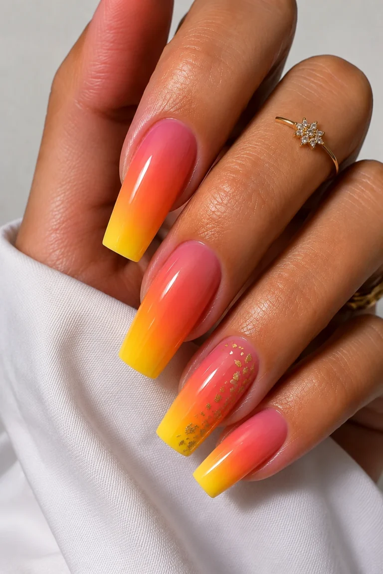Tropical Sunset Acrylic Ombre — nail ideas acrylic summer 2026 style outfit, worn by a stylish woman