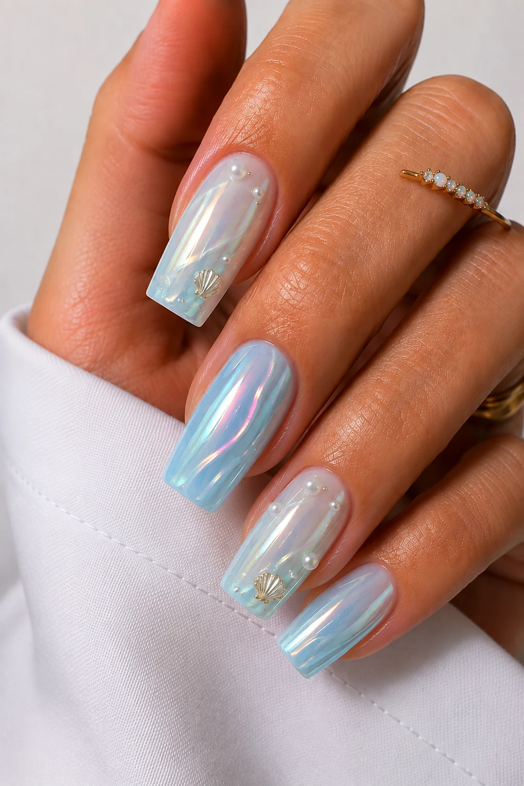 Ocean Pearl Chrome Nails — nail ideas acrylic summer 2026 style outfit, worn by a stylish woman