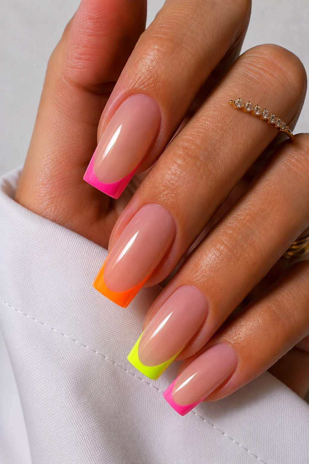 Neon French Tips Reinvented — nail ideas acrylic summer 2026 style outfit, worn by a stylish woman