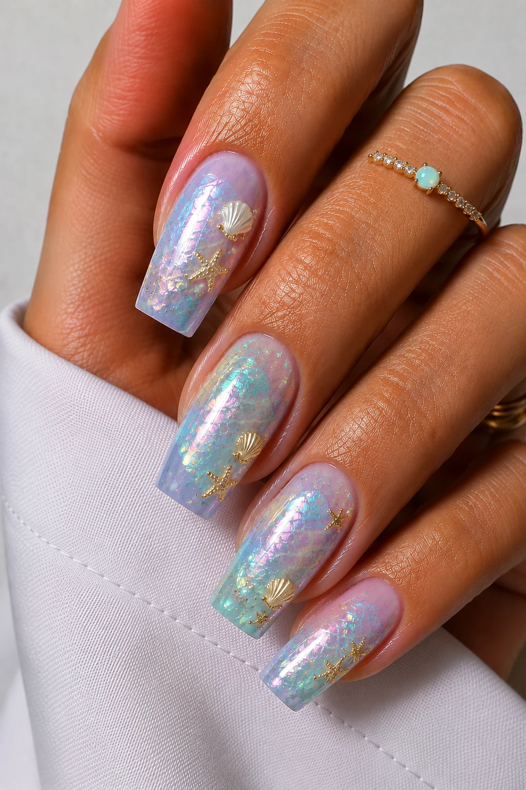 Nail Ideas Acrylic Summer 2026 Featuring Mermaid Shimmer — nail ideas acrylic summer 2026 style outfit, worn by a stylish woman