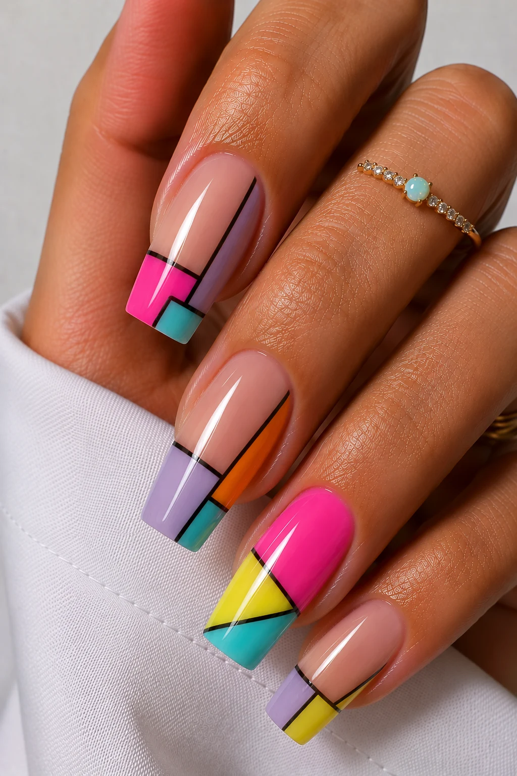 Color Block Pop Art Acrylics — nail ideas acrylic summer 2026 style outfit, worn by a stylish woman