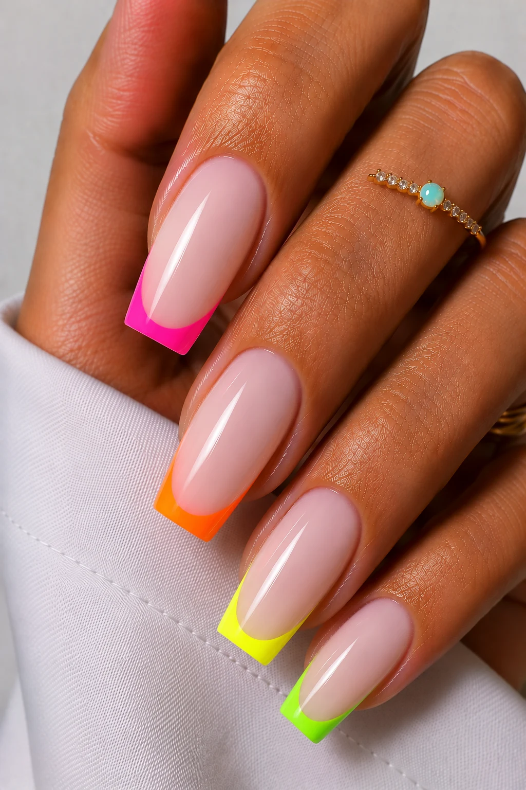 Milky Neon French Tips — nail summer ideas style outfit, worn by a stylish woman