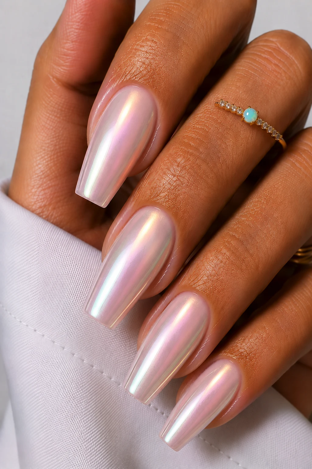 Pearl Chrome Glow — nail summer ideas style outfit, worn by a stylish woman