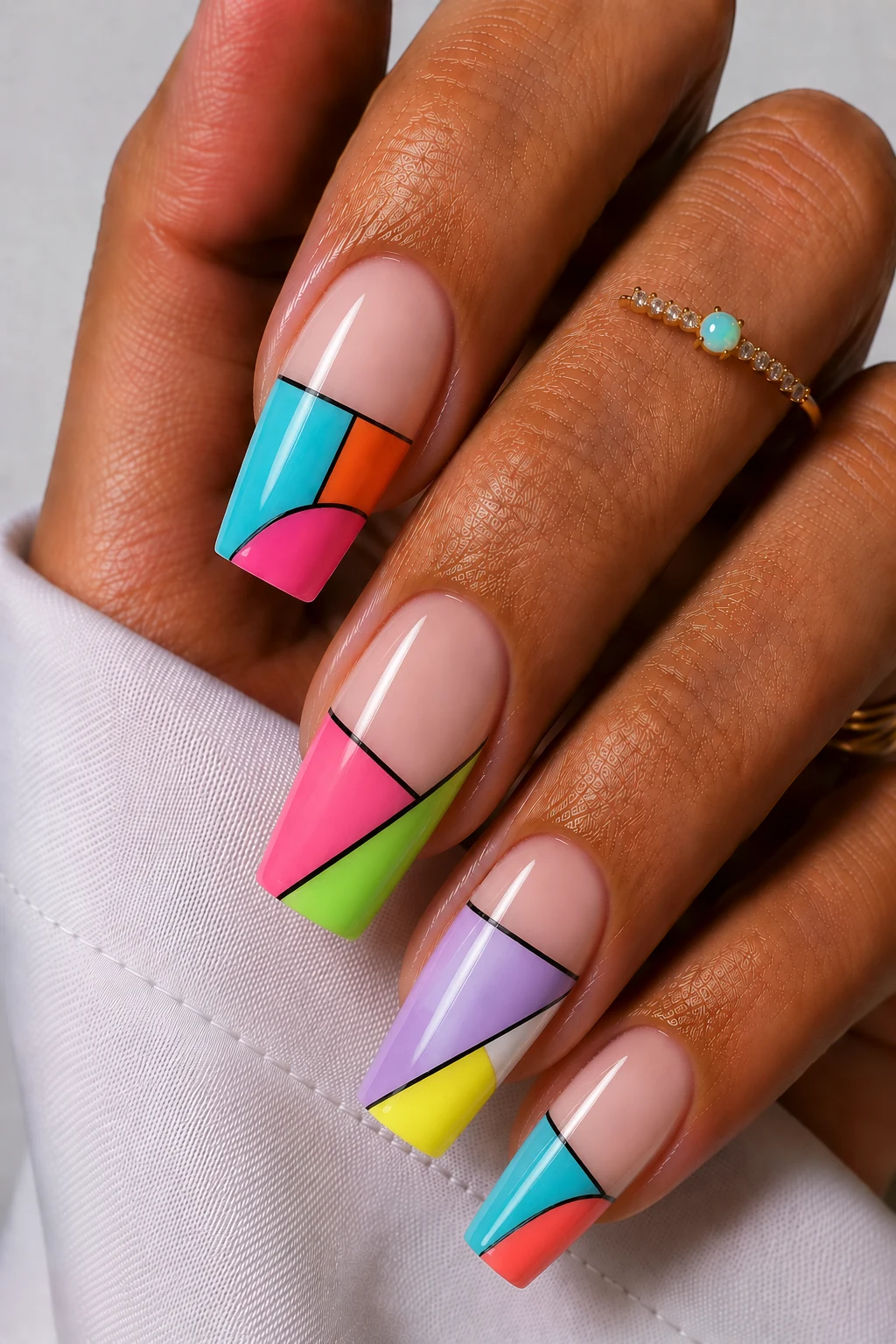 Color Block Pop Art Nails — nail summer ideas style outfit, worn by a stylish woman