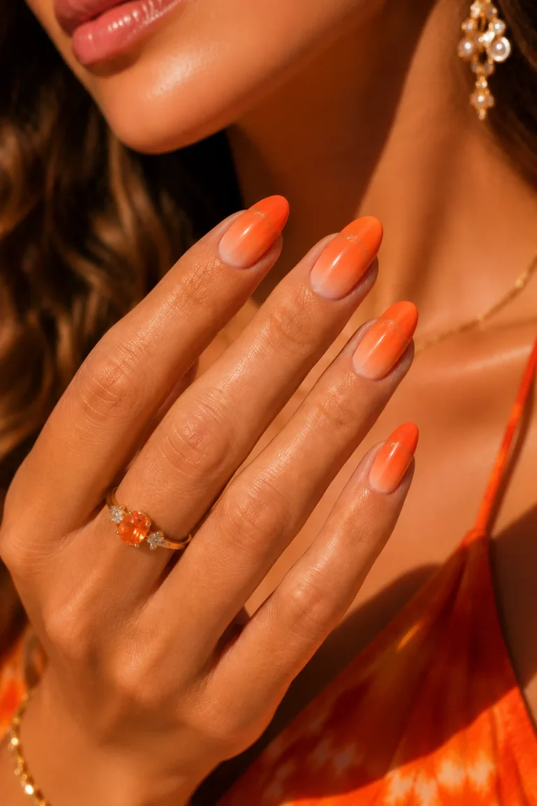 Tangerine Sunset Ombre — orange nail ideas summer style outfit, worn by a stylish woman
