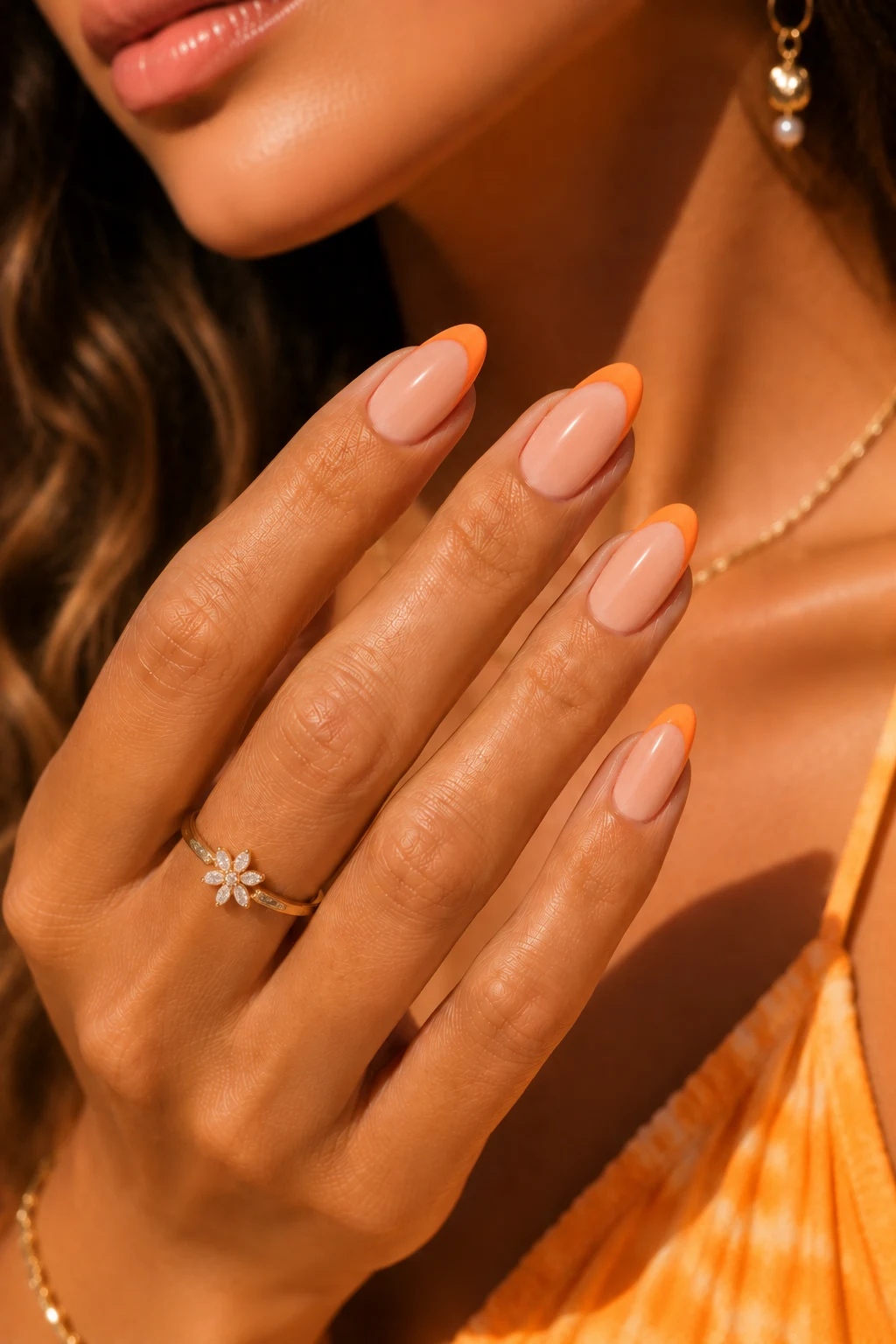 Orange Creamsicle French Tips — orange nail ideas summer style outfit, worn by a stylish woman