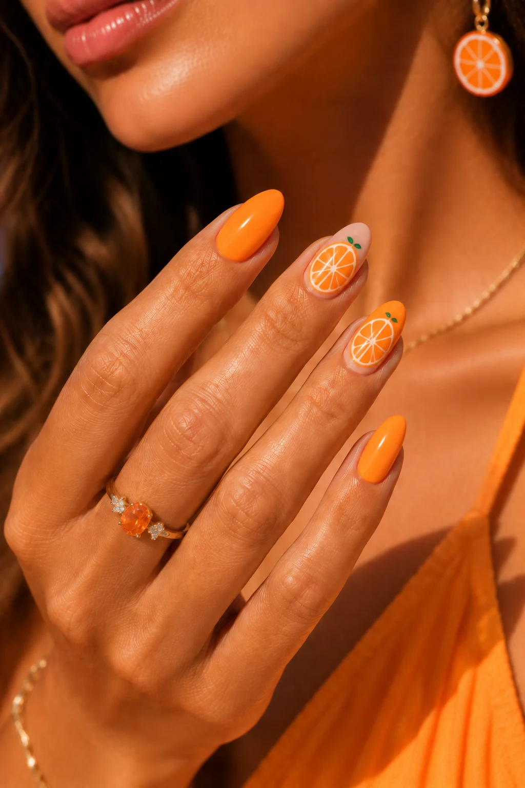 Orange Nail Ideas Summer With Citrus Slice Art — orange nail ideas summer style outfit, worn by a stylish woman