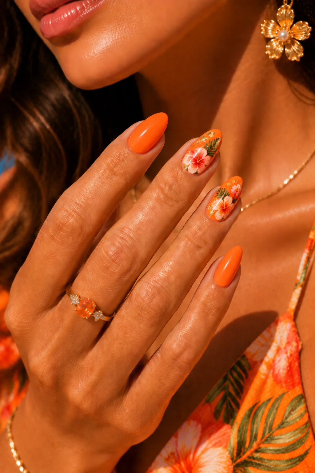 Orange Nail Ideas Summer Inspired by Tropical Flowers — orange nail ideas summer style outfit, worn by a stylish woman