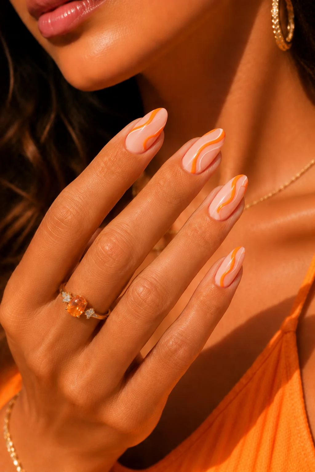 Minimalist Orange Swirl Lines — orange nail ideas summer style outfit, worn by a stylish woman