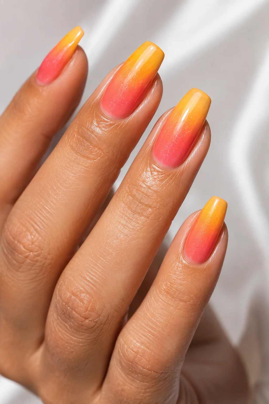 Tropical Sunset Ombre — Popular Summer Nails style outfit, worn by a stylish woman