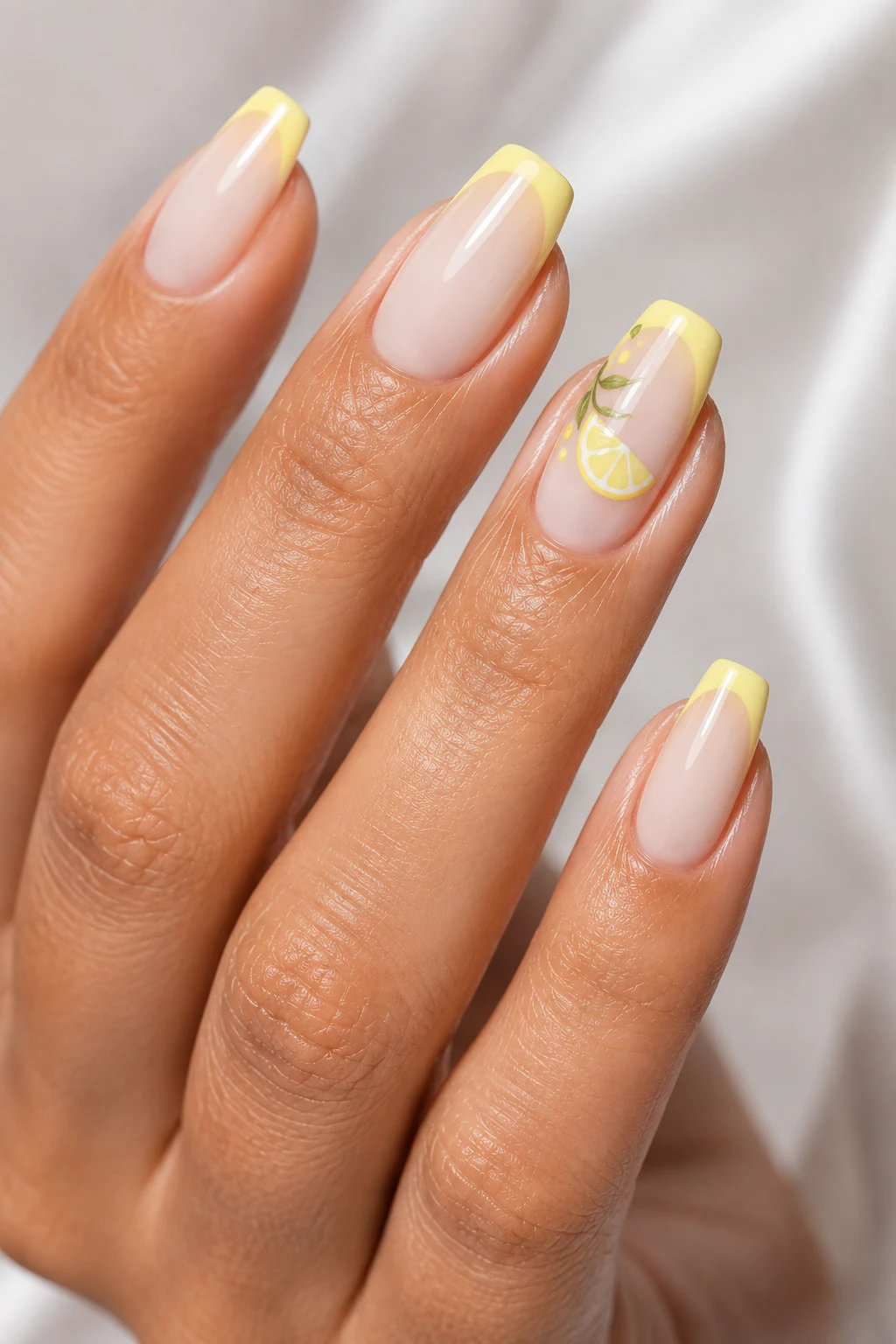 Milky Lemon French Tips — Popular Summer Nails style outfit, worn by a stylish woman