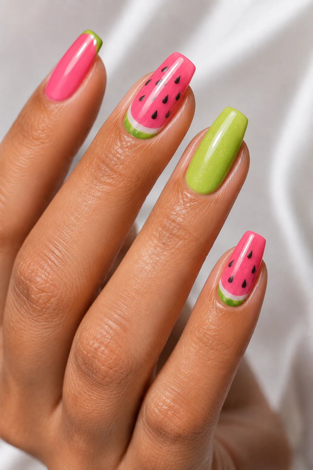 Watermelon Pop Art Nails — Popular Summer Nails style outfit, worn by a stylish woman