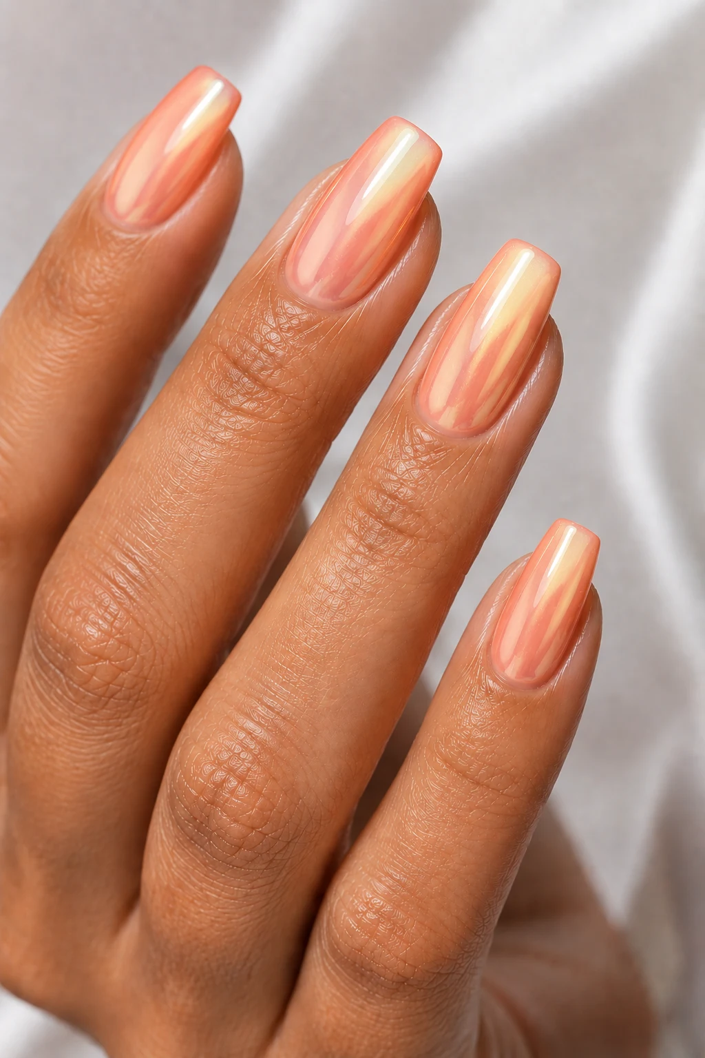 Chrome Peach Glow — Popular Summer Nails style outfit, worn by a stylish woman