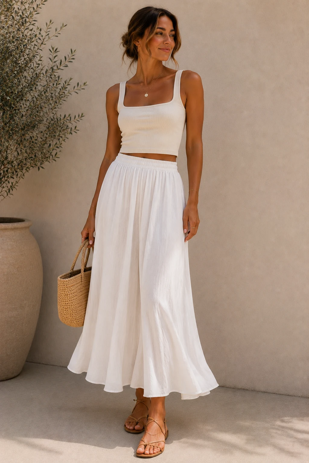 summer cute outfit — The Flowy White Skirt and Tiny Tank Combo — summer cute outfit style outfit, worn by a stylish woman