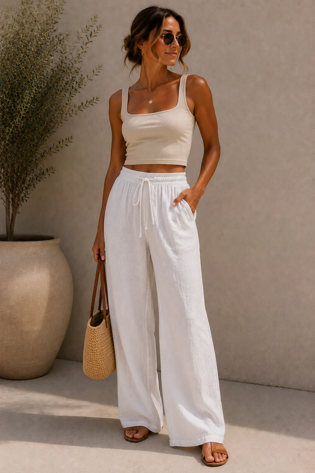 summer cute outfit — Summer Cute Outfit Style With White Linen Pants — summer cute outfit style outfit, worn by a stylish woman