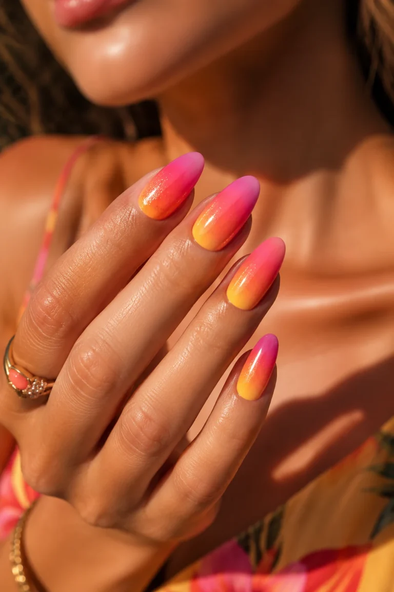 Tropical Sunset Ombre — summer nail ideas almond shape style outfit, worn by a stylish woman