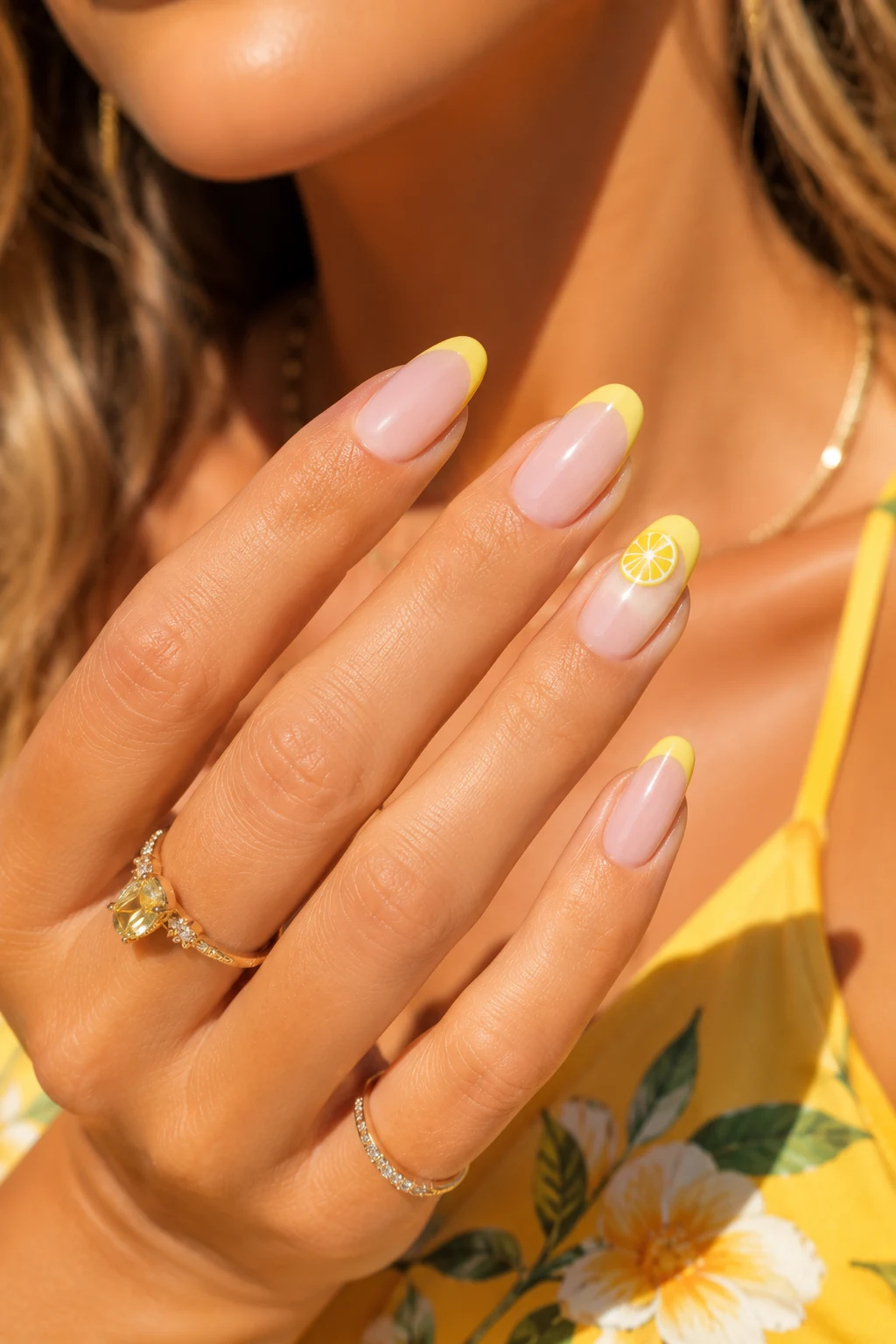 Milky Lemon French Tips — summer nail ideas almond shape style outfit, worn by a stylish woman